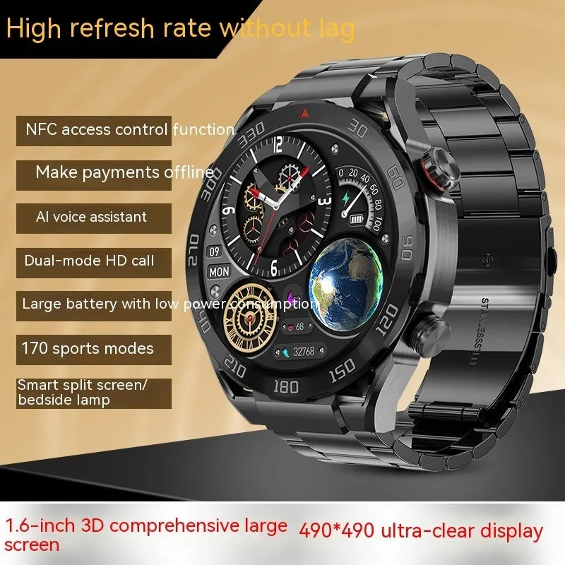 Smart watch with 1.6-inch full HD screen, black steel strap, wireless fast charging, waterproof, heart rate and blood pressure monitoring