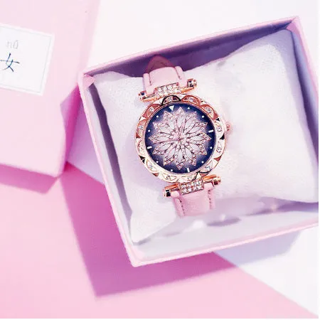 Women's diamond dial watch with round 32mm case in multiple colour options showing water resistance
