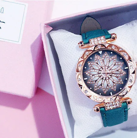 Women's diamond dial watch with round 32mm case in multiple colour options showing water resistance