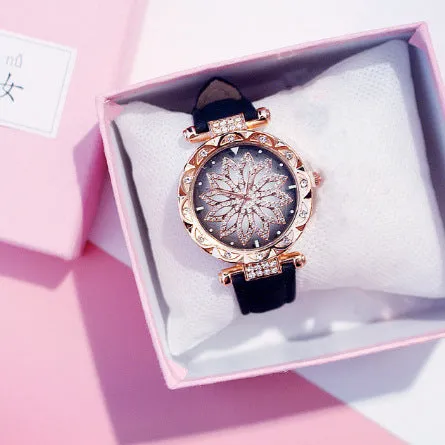 Women's diamond dial watch with round 32mm case in multiple colour options showing water resistance