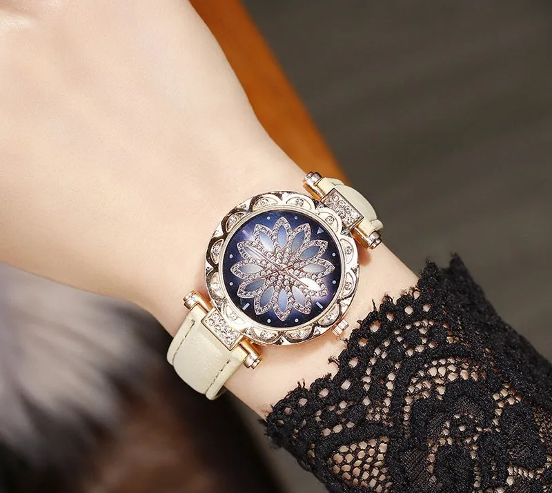 Women's diamond dial watch with round 32mm case in multiple colour options showing water resistance