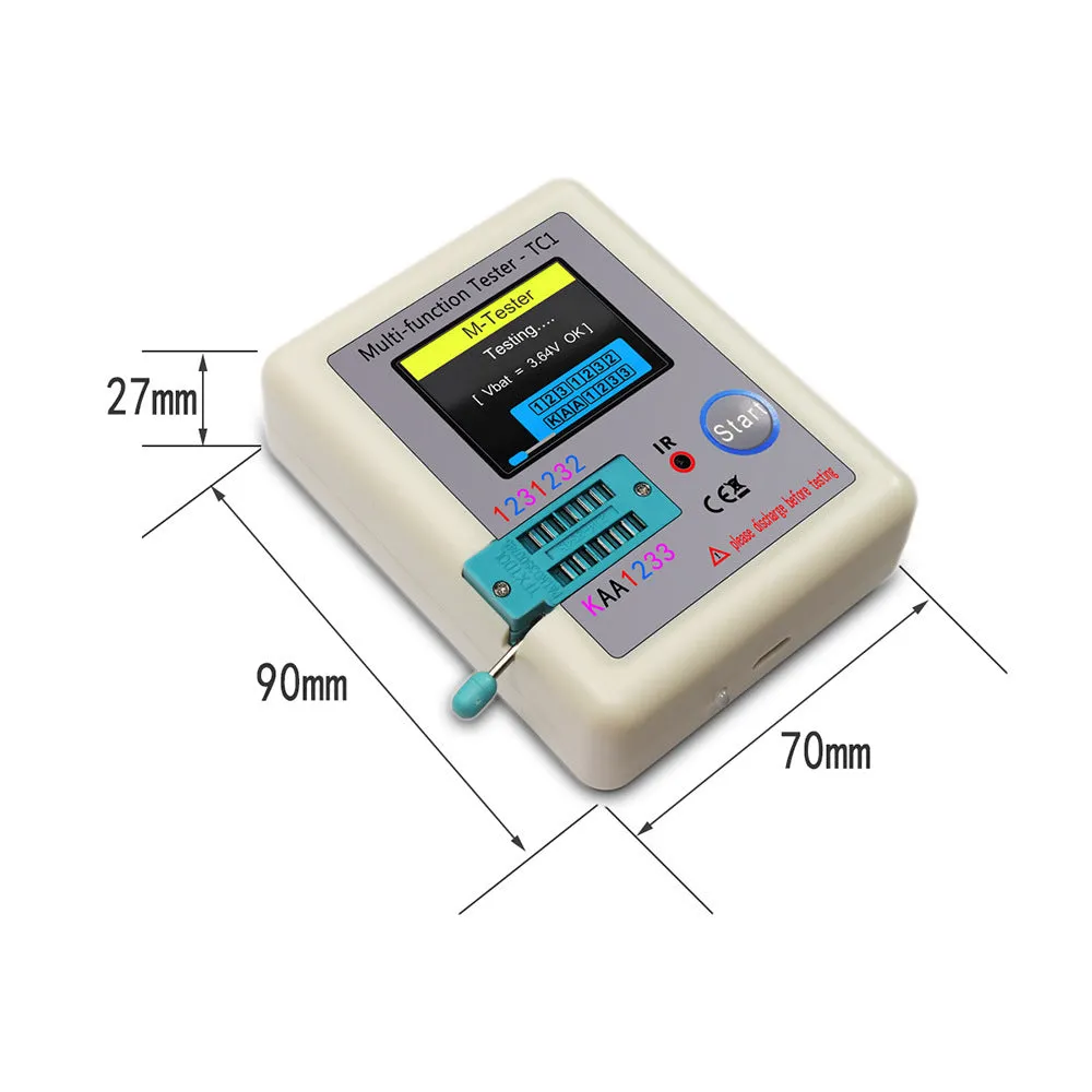 LCR-TC1 multi-function transistor tester with full colour screen showing component test results on portable 90x70x10mm device