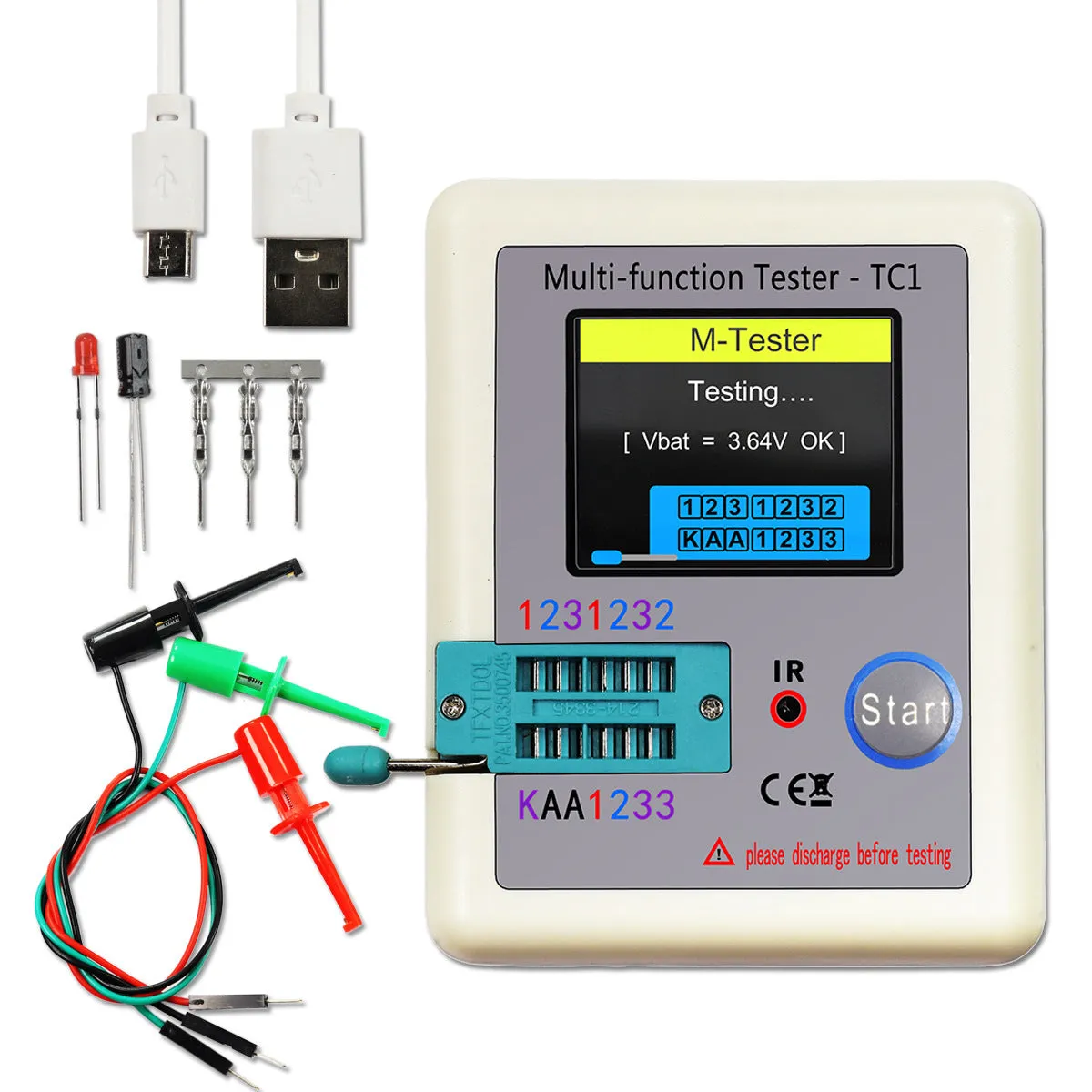 LCR-TC1 multi-function transistor tester with full colour screen showing component test results on portable 90x70x10mm device