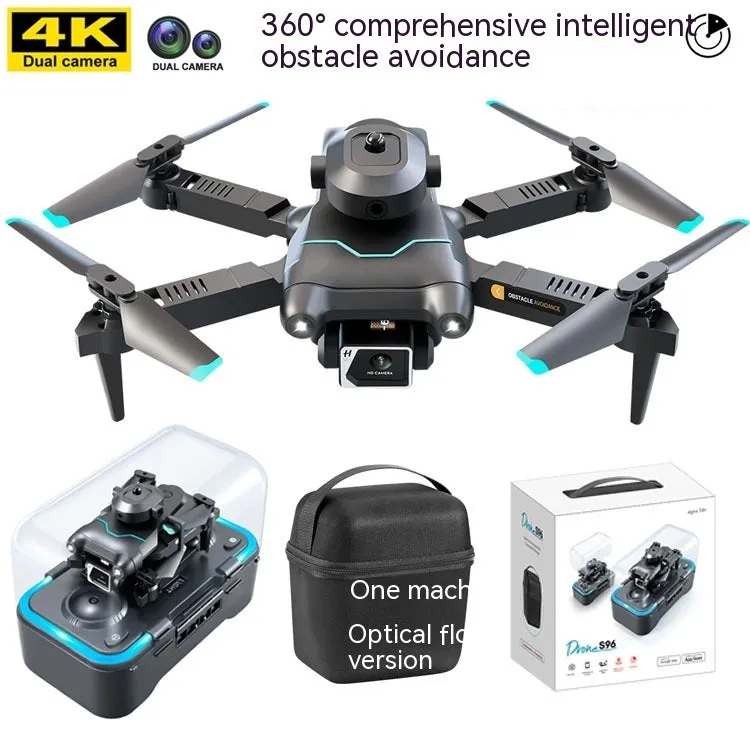 Black DJI S96 quadcopter drone with four propellers and integrated camera on compact plastic airframe