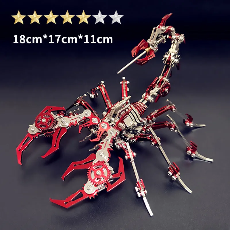 Blue Magic metal scorpion 3D puzzle model assembled on table next to colour box packaging
