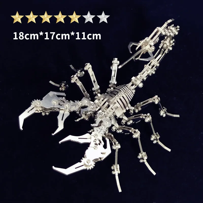 Blue Magic metal scorpion 3D puzzle model assembled on table next to colour box packaging