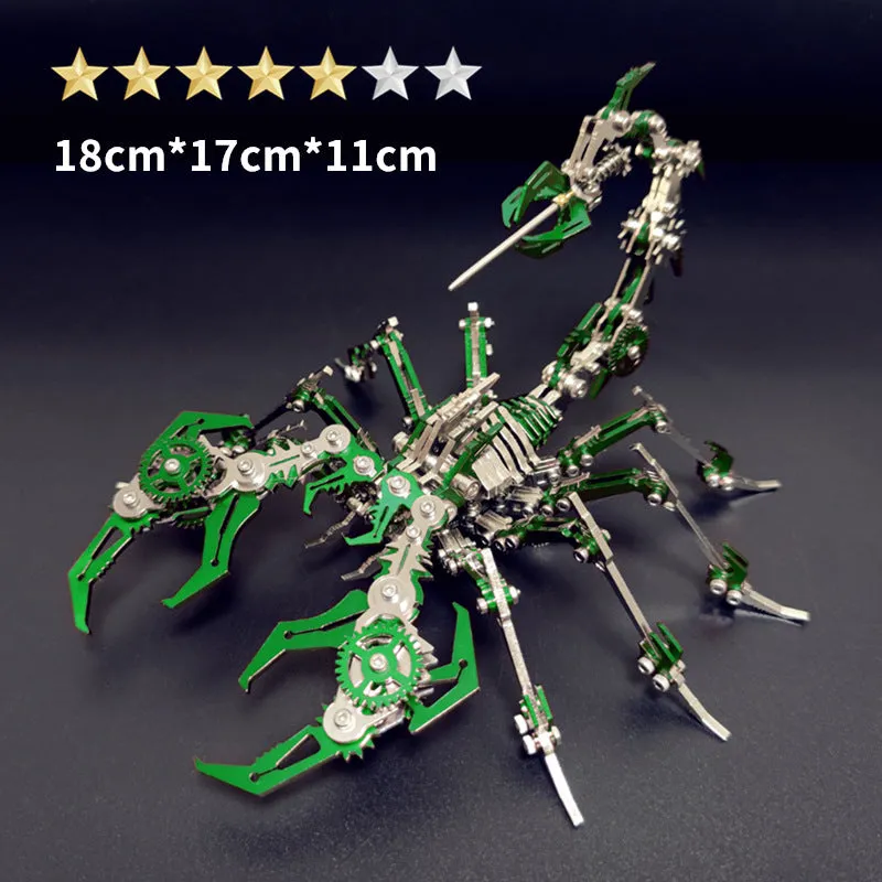 Blue Magic metal scorpion 3D puzzle model assembled on table next to colour box packaging