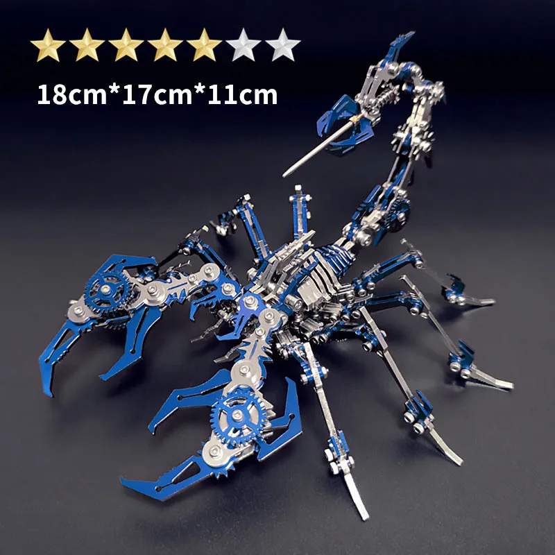 Blue Magic metal scorpion 3D puzzle model assembled on table next to colour box packaging