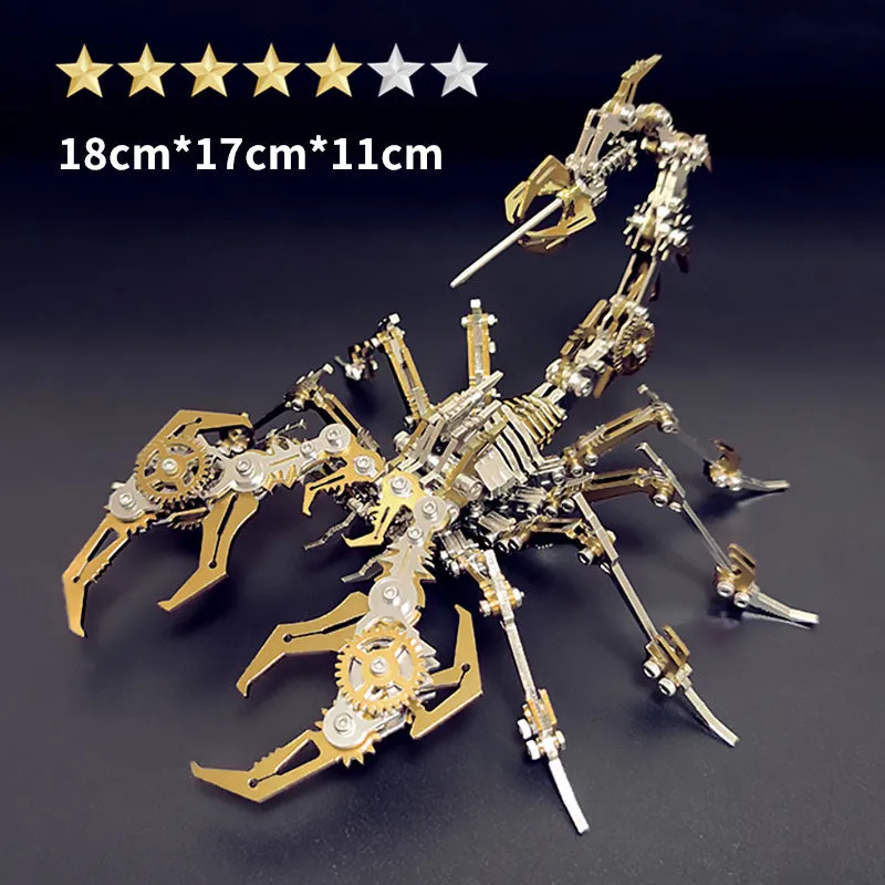 Blue Magic metal scorpion 3D puzzle model assembled on table next to colour box packaging