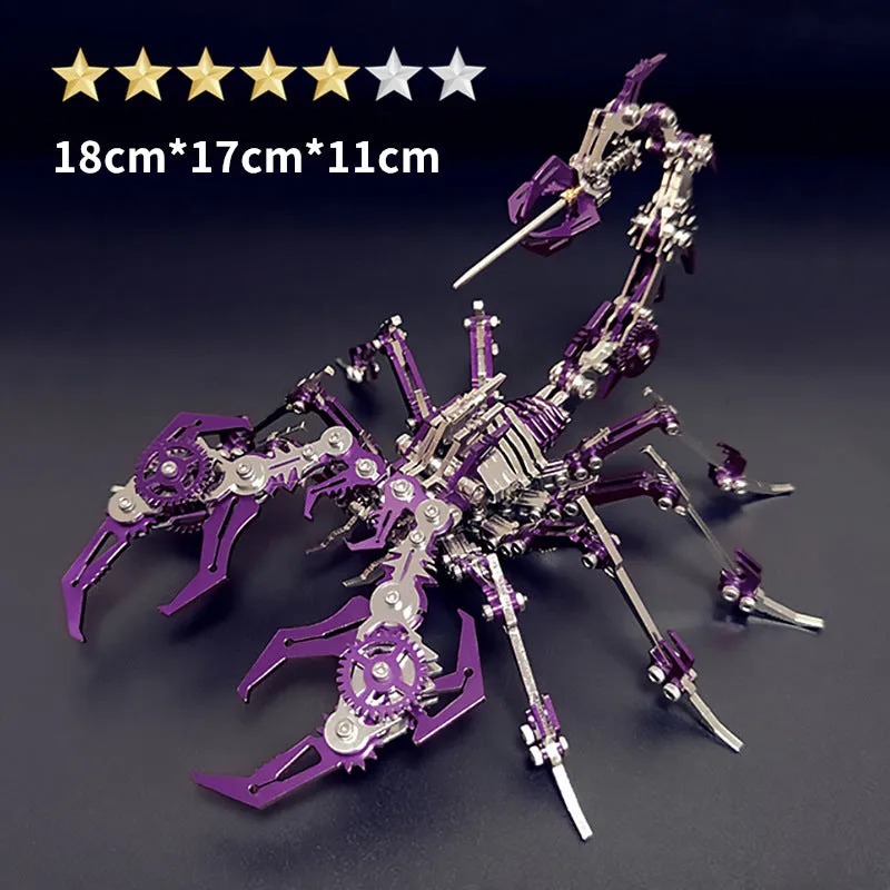 Blue Magic metal scorpion 3D puzzle model assembled on table next to colour box packaging