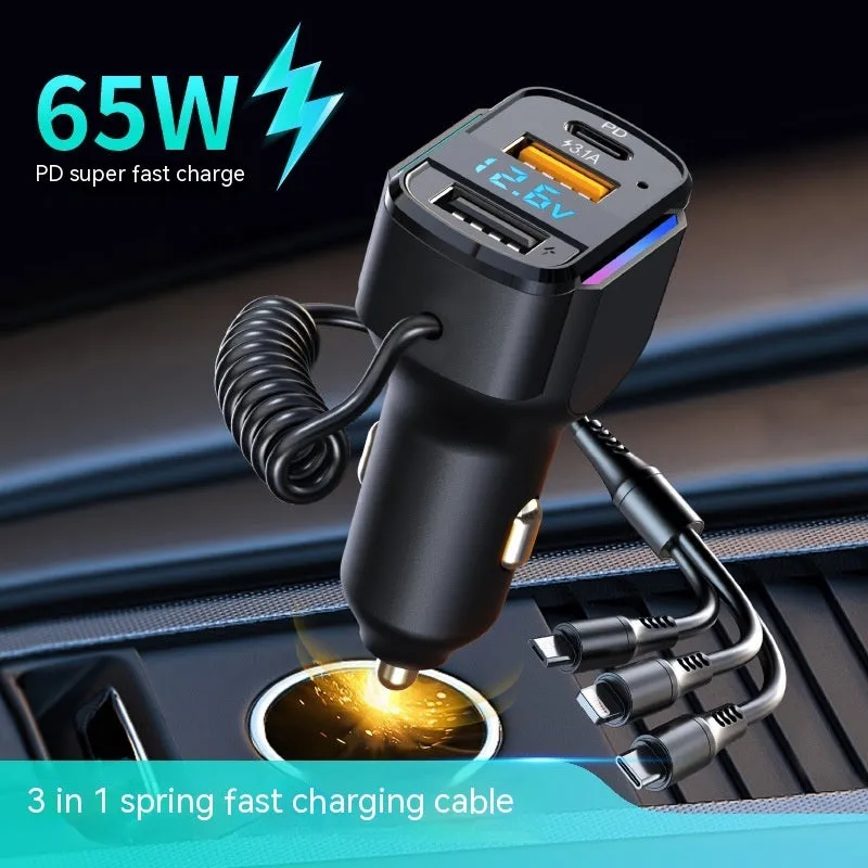 Black car 3-in-1 spring wire fast charge mobile phone charging plug with cable for 12-24V vehicles