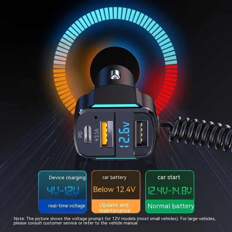 Black car 3-in-1 spring wire fast charge mobile phone charging plug with cable for 12-24V vehicles