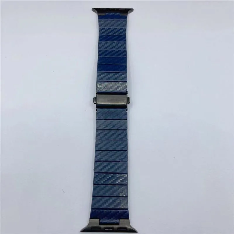 Black carbon fiber watch band for Apple Watch showing chain links and metal clasp on a white background