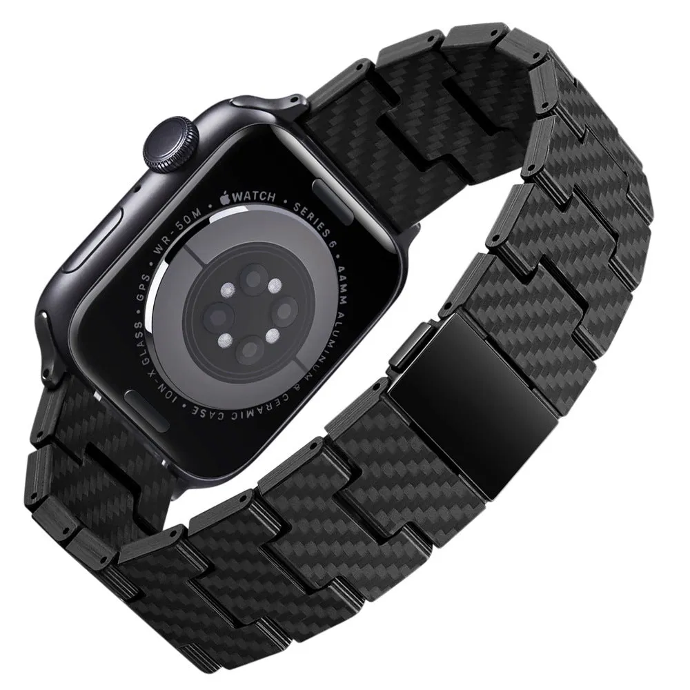 Black carbon fiber watch band for Apple Watch showing chain links and metal clasp on a white background