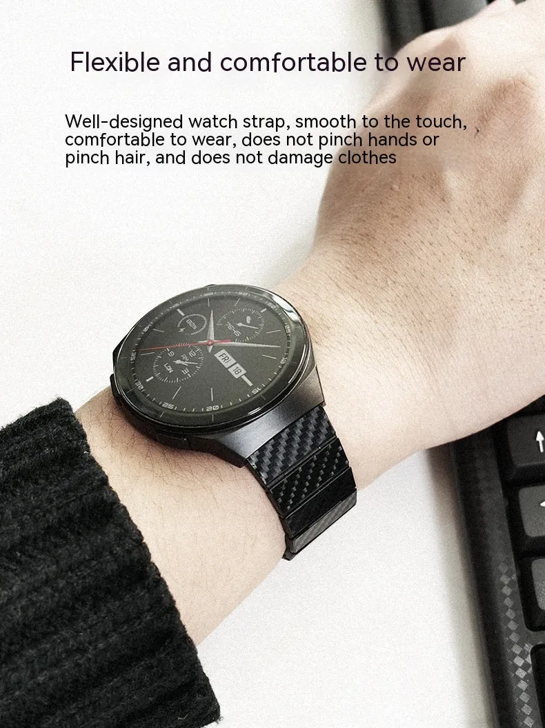 Black carbon fiber watch band for Apple Watch showing chain links and metal clasp on a white background