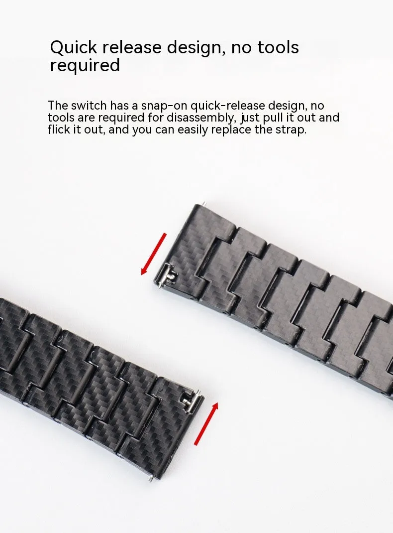 Black carbon fiber watch band for Apple Watch showing chain links and metal clasp on a white background