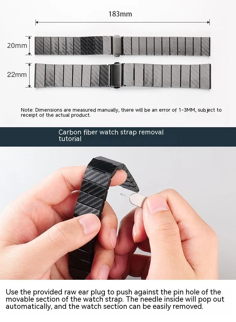 Black carbon fiber watch band for Apple Watch showing chain links and metal clasp on a white background