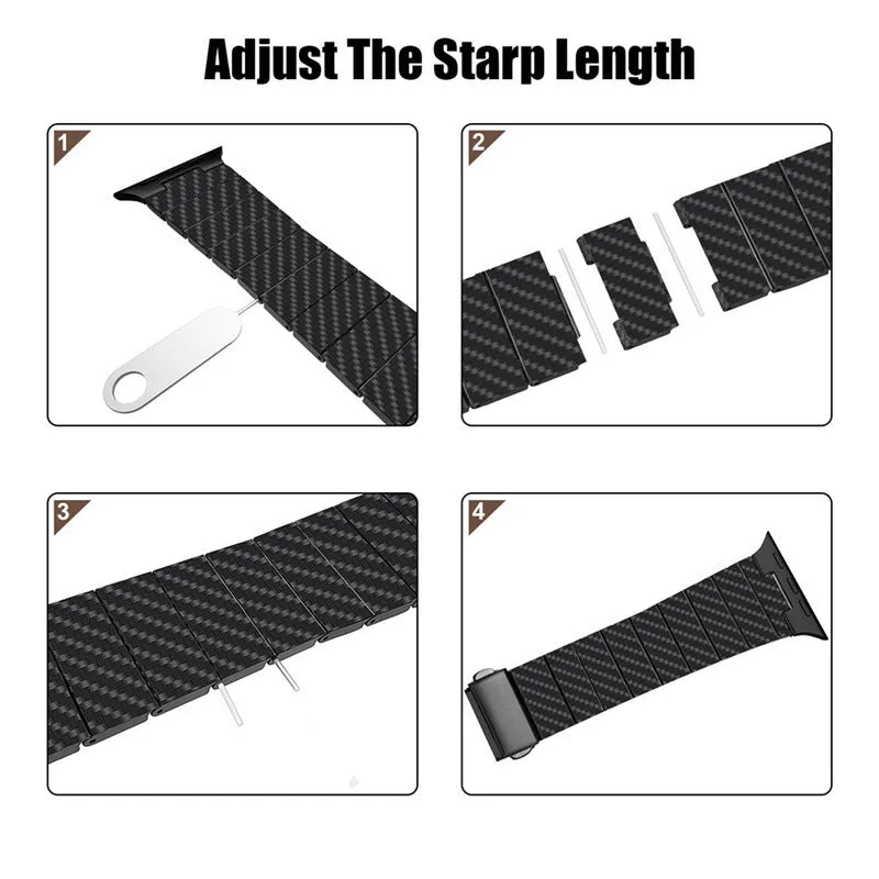 Black carbon fiber watch band for Apple Watch showing chain links and metal clasp on a white background