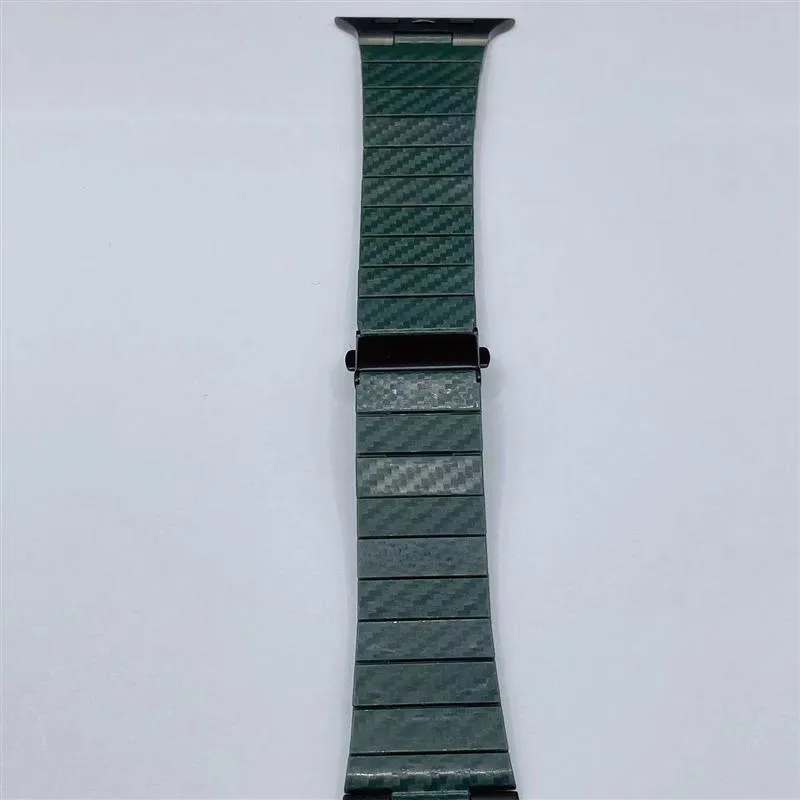 Black carbon fiber watch band for Apple Watch showing chain links and metal clasp on a white background