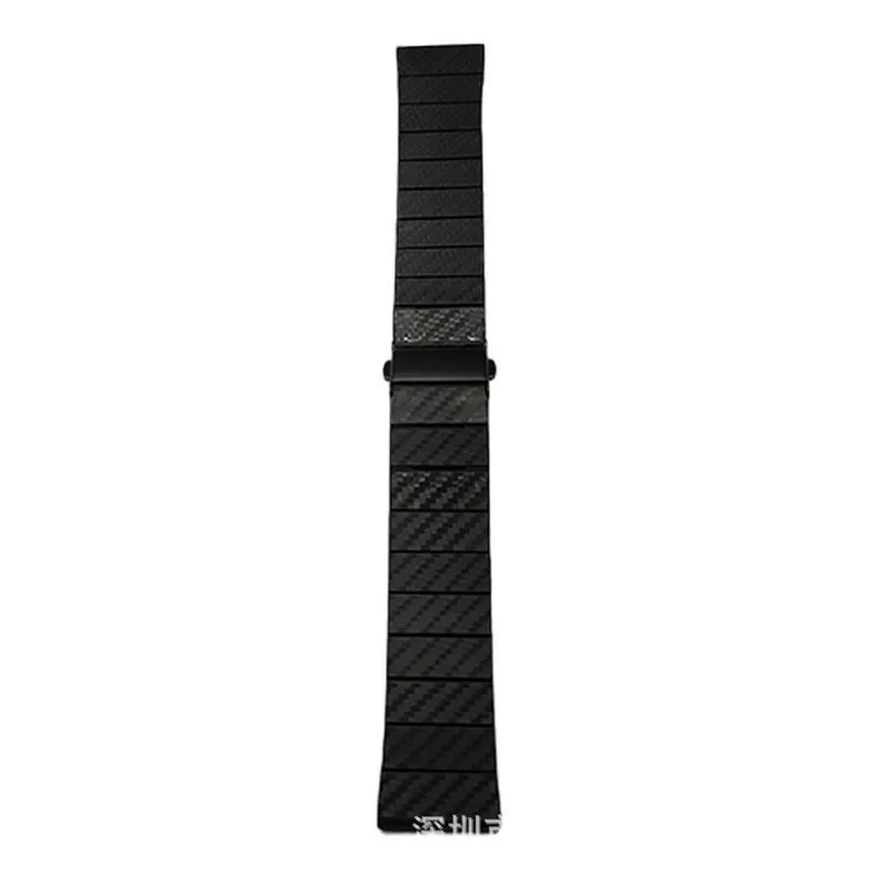 Black carbon fiber watch band for Apple Watch showing chain links and metal clasp on a white background