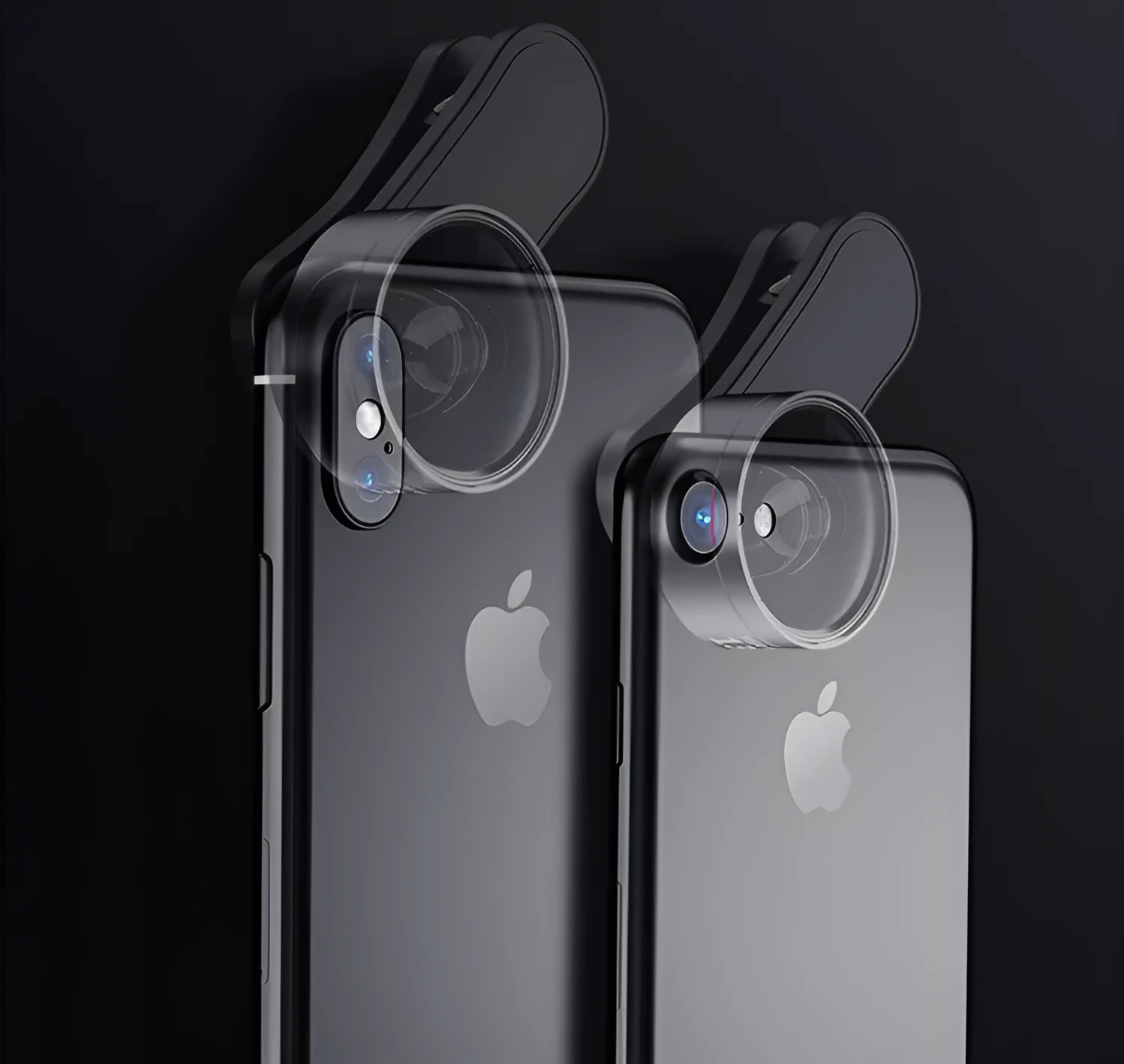 Universal smartphone clip with attached fill light and selection of wide angle, macro, and fish eye camera lenses.