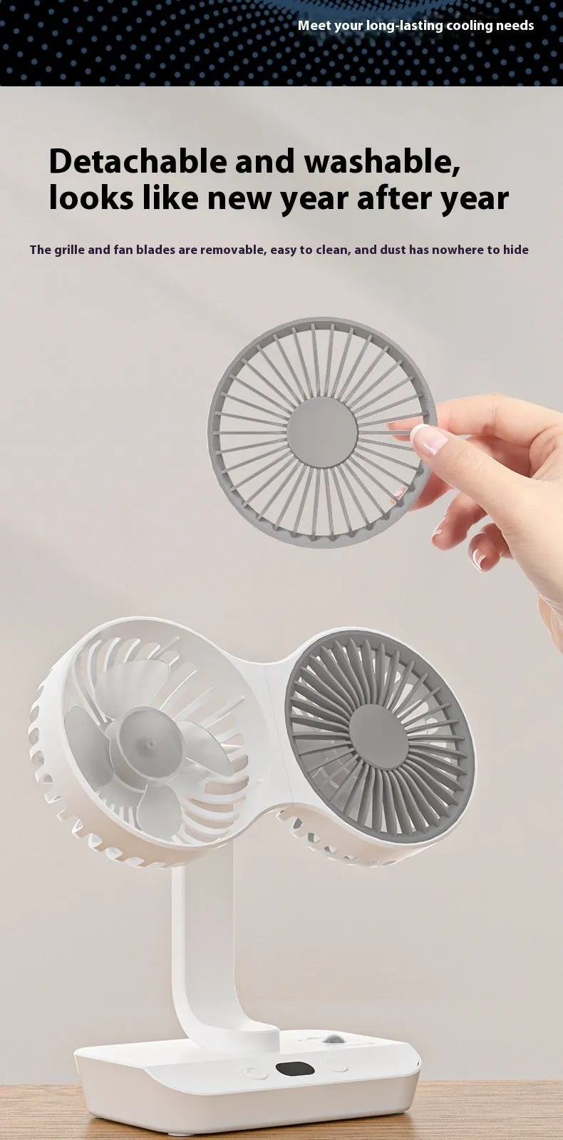 White dual head USB fan with auto oscillation and fill light on desk, 320x140x120mm