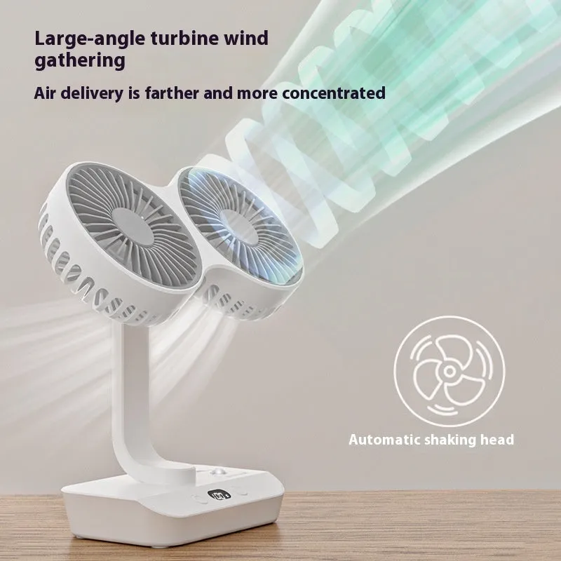 White dual head USB fan with auto oscillation and fill light on desk, 320x140x120mm