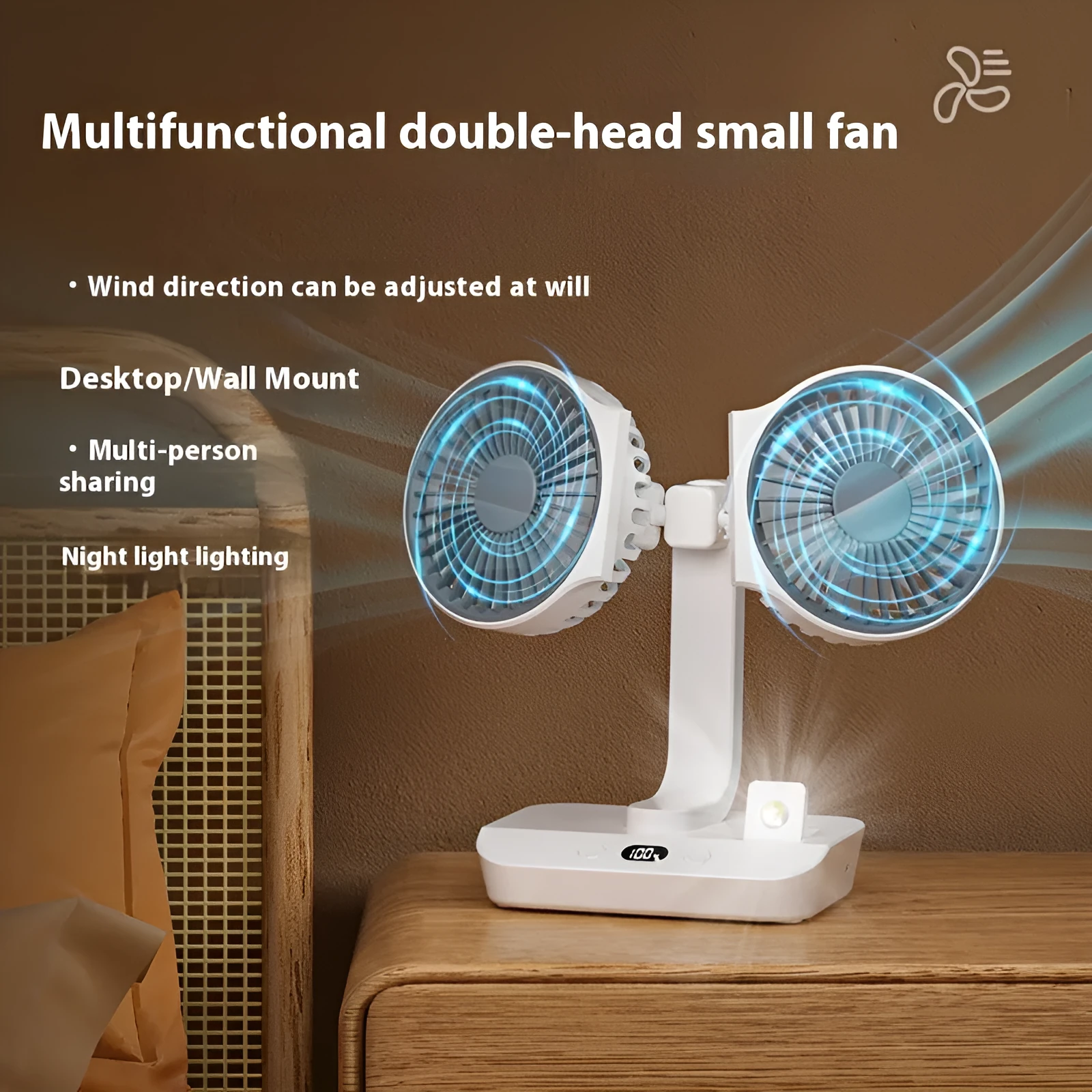 White dual head USB fan with auto oscillation and fill light on desk, 320x140x120mm