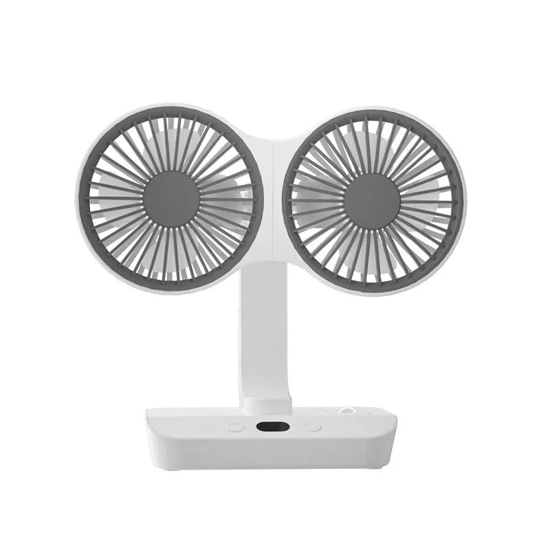 White dual head USB fan with auto oscillation and fill light on desk, 320x140x120mm