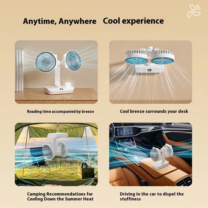 White dual head USB fan with auto oscillation and fill light on desk, 320x140x120mm