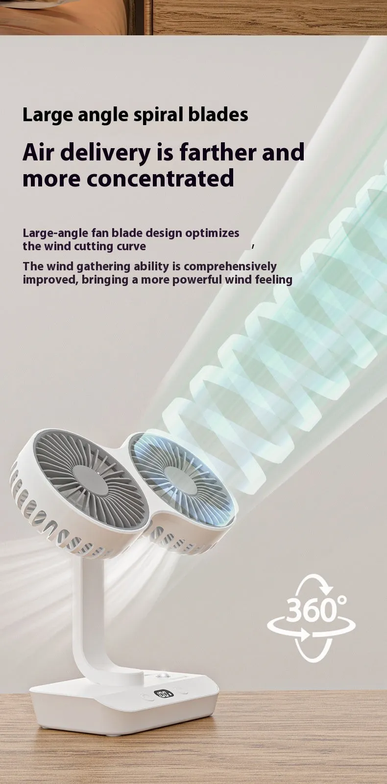 White dual head USB fan with auto oscillation and fill light on desk, 320x140x120mm