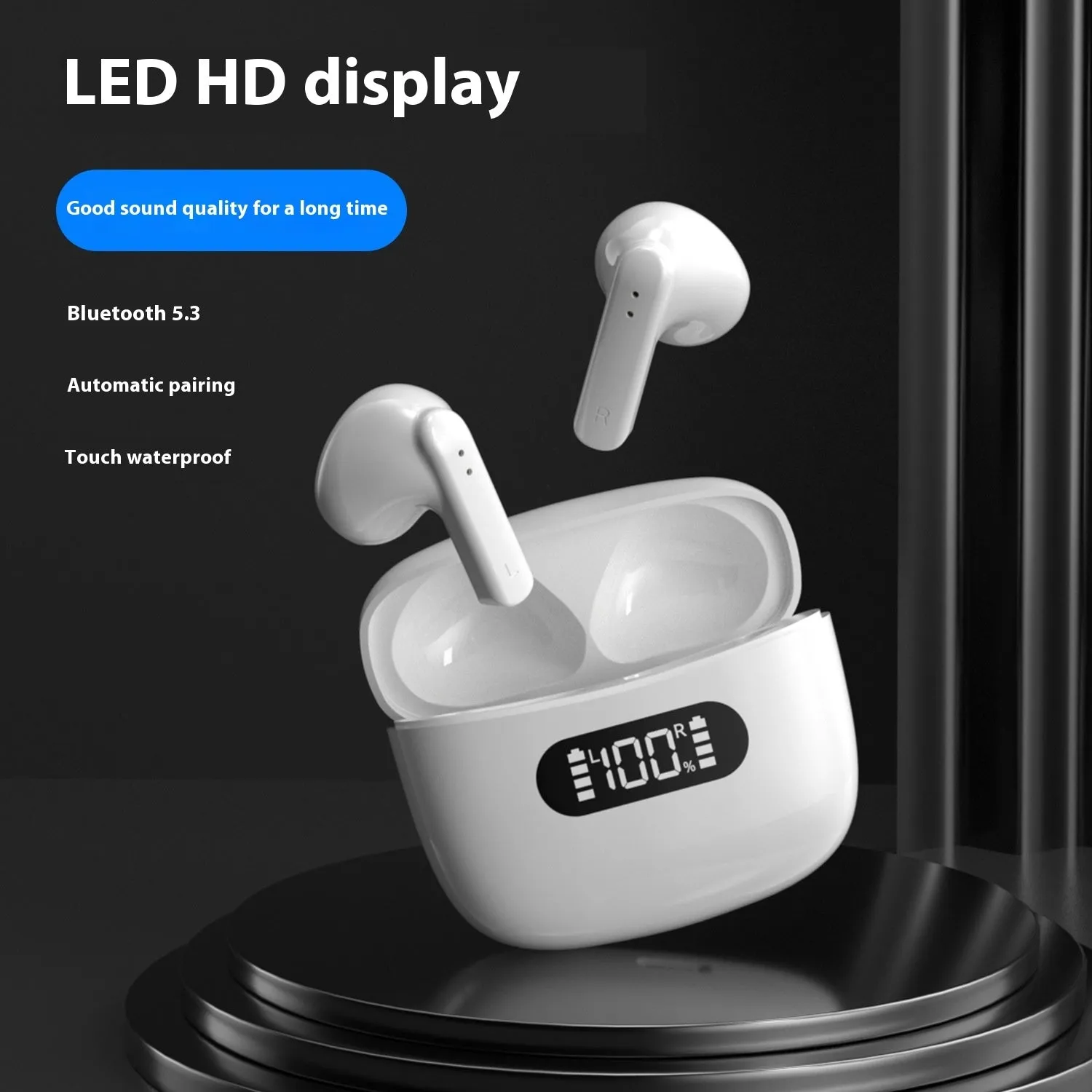 Digital TWS four generation Bluetooth headset in white with earbuds and charging case