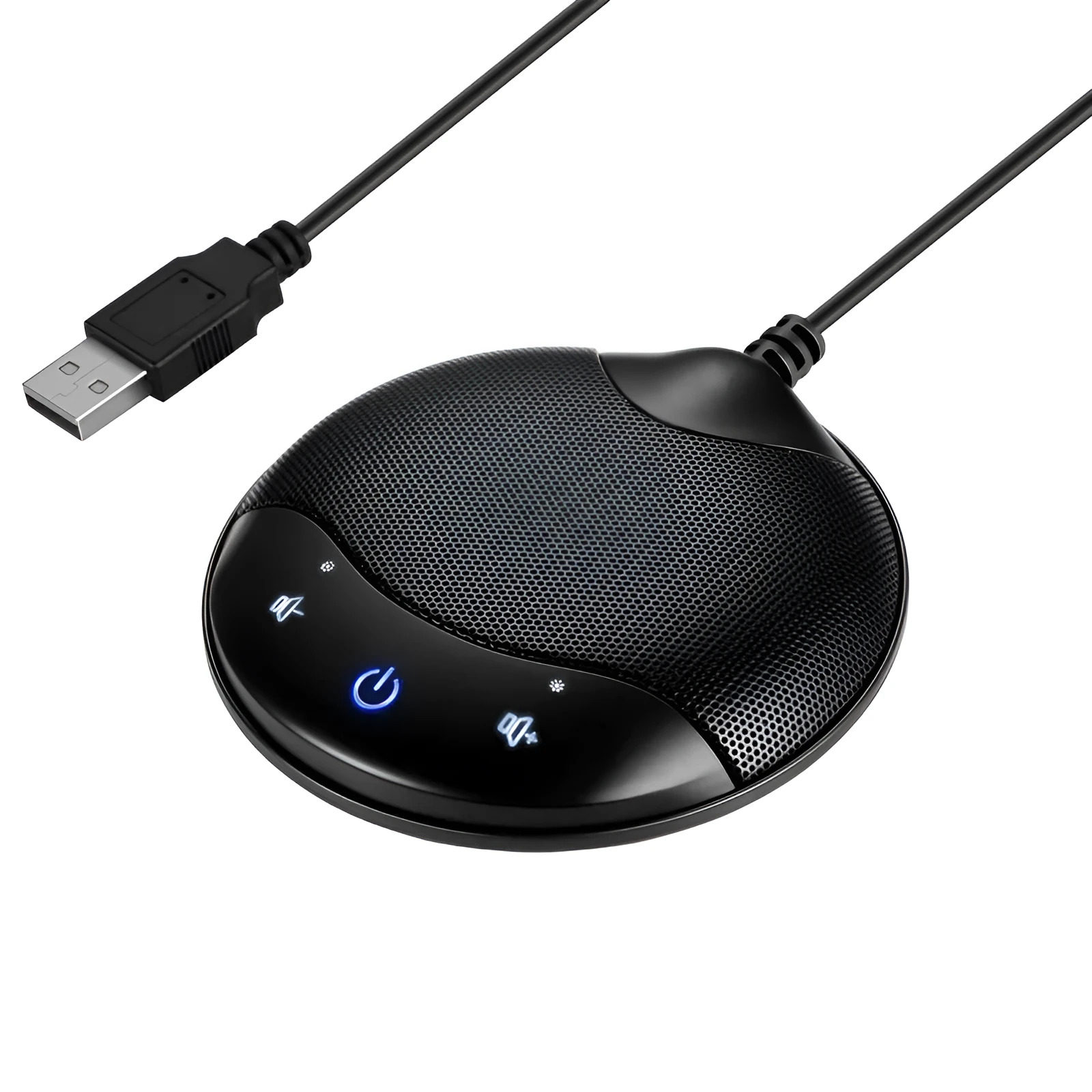 Black USB condenser microphone for computer conferencing and gaming measuring 9x9x1.7cm
