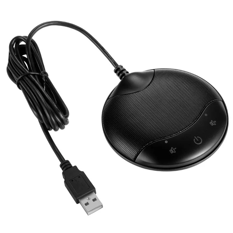 Black USB condenser microphone for computer conferencing and gaming measuring 9x9x1.7cm