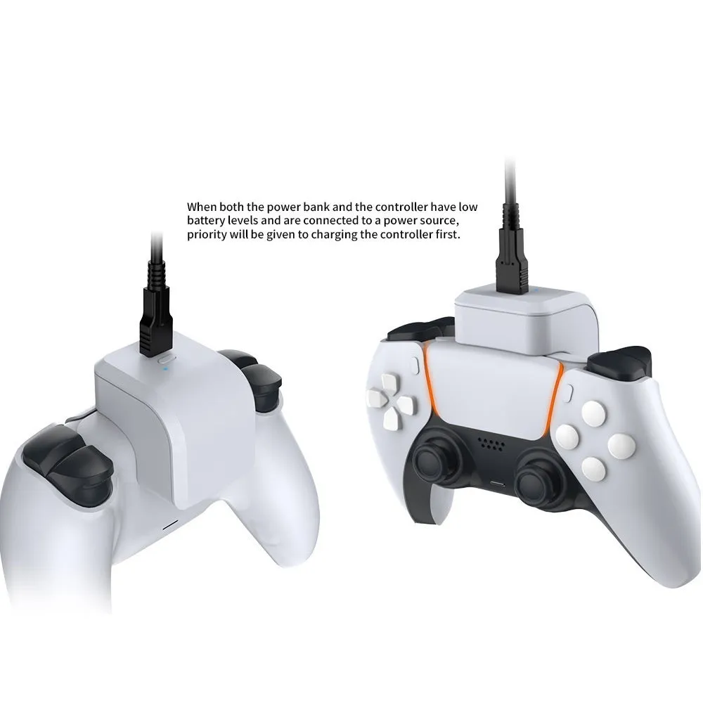 White ABS PS5 handle power bank with Type-C port and LED indicator, attached to a PS5 controller