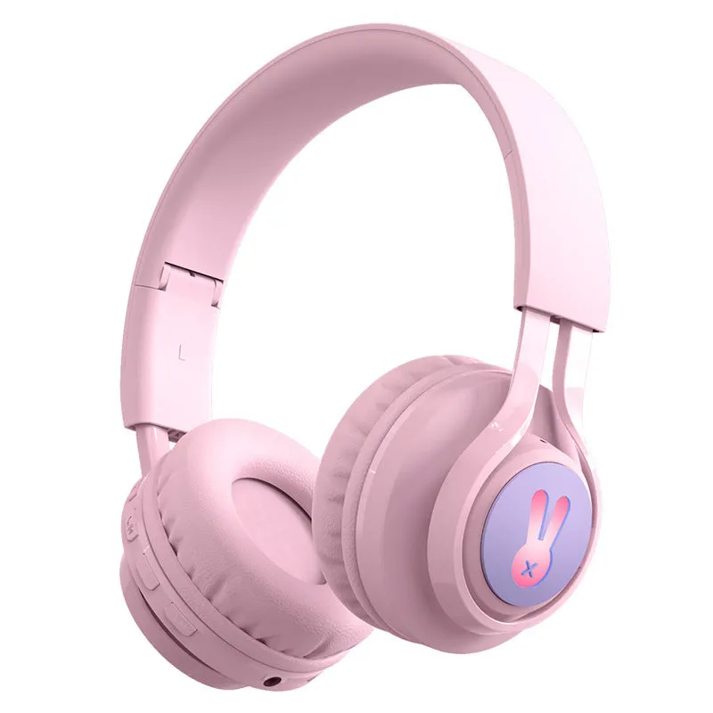 Wireless children's headphones with RGB lighting in bunny purple colour showing power display indicator