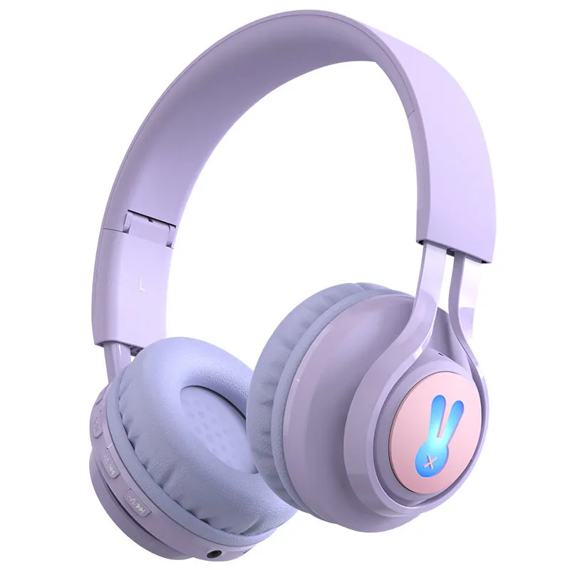 Wireless children's headphones with RGB lighting in bunny purple colour showing power display indicator