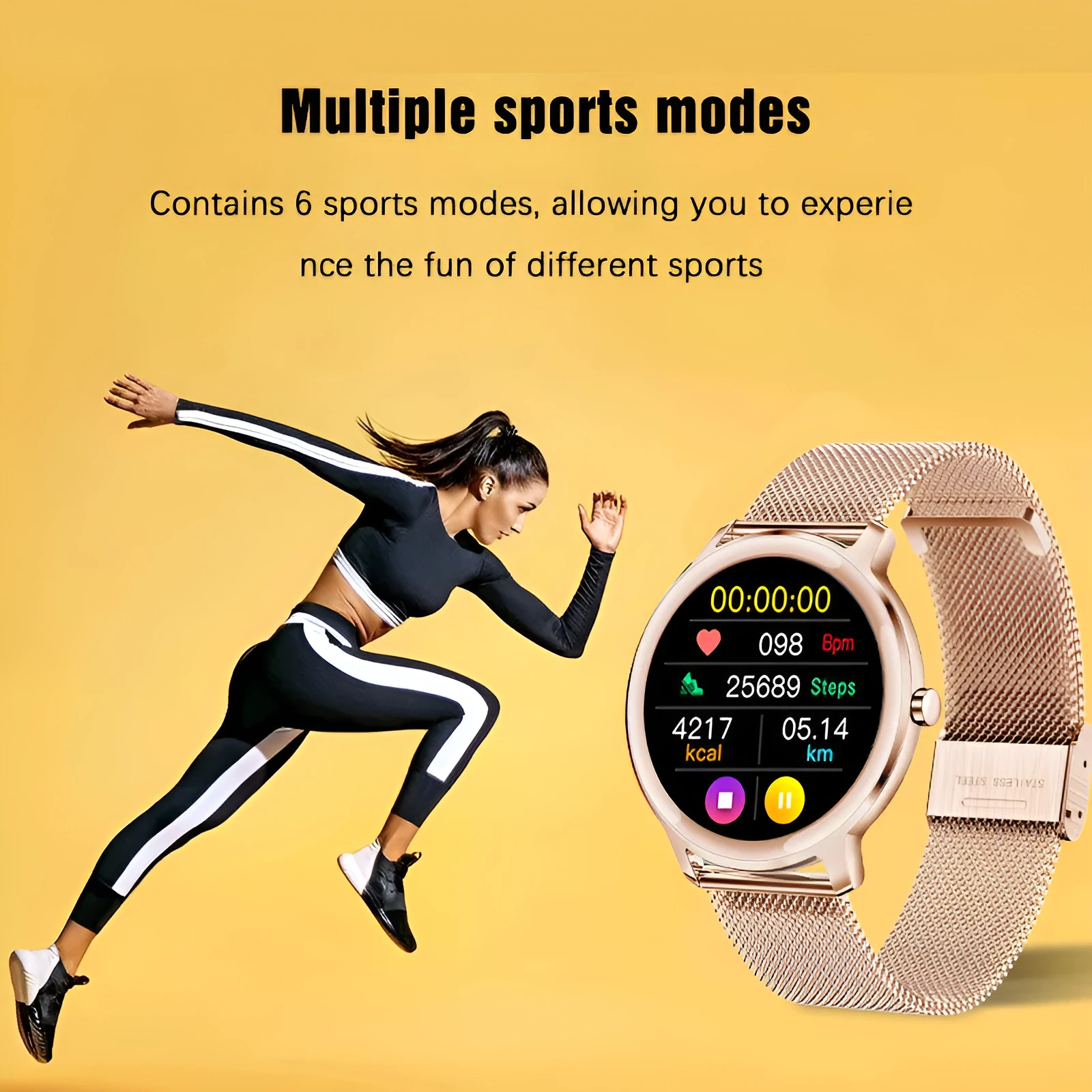 Women's smart watch with stainless steel wristband and 1.3 inch touch screen showing watch face display