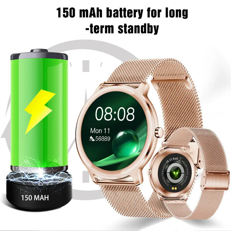 Women's smart watch with stainless steel wristband and 1.3 inch touch screen showing watch face display
