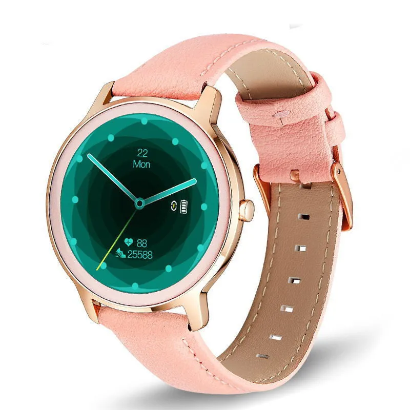 Women's smart watch with stainless steel wristband and 1.3 inch touch screen showing watch face display