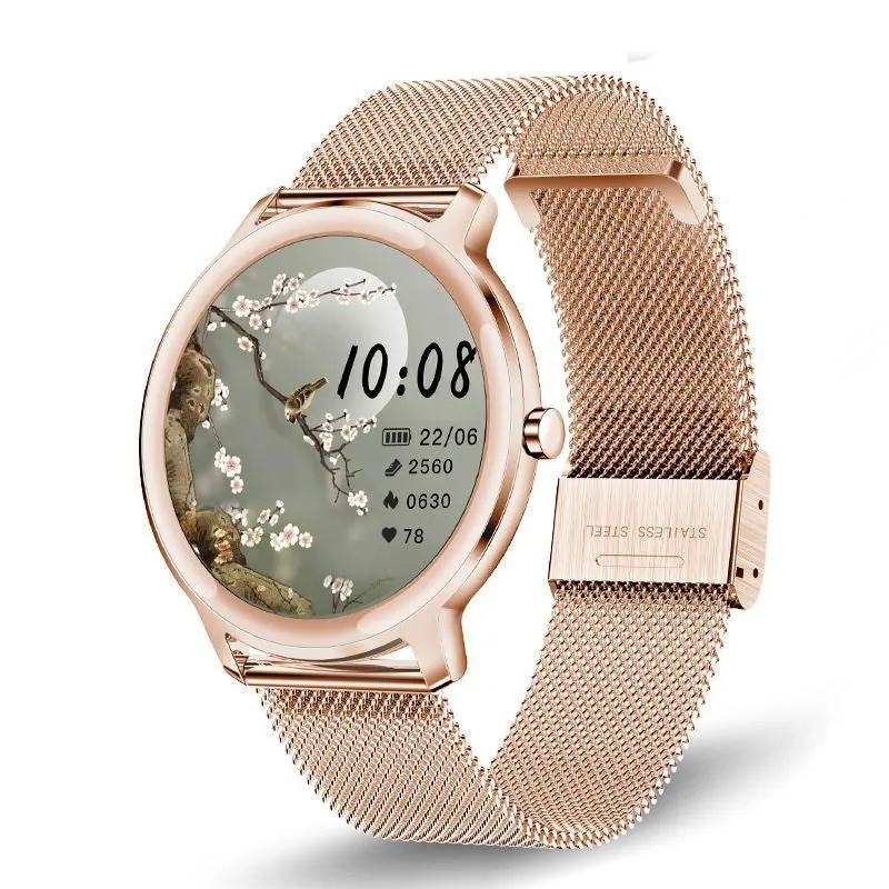Women's smart watch with stainless steel wristband and 1.3 inch touch screen showing watch face display
