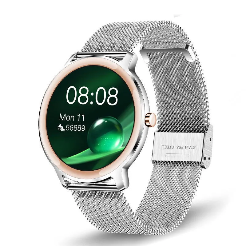 Women's smart watch with stainless steel wristband and 1.3 inch touch screen showing watch face display