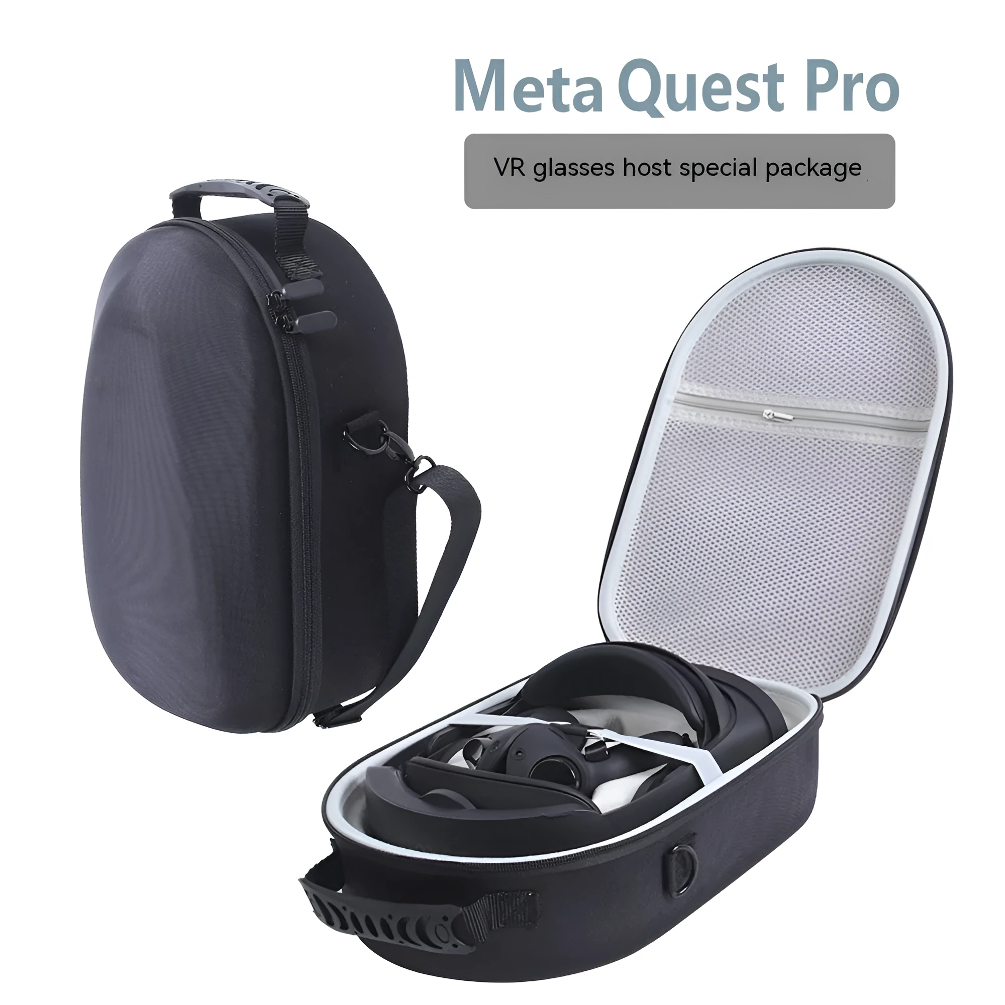 Black EVA nylon storage bag for Meta Quest Pro with zipper and carrying strap