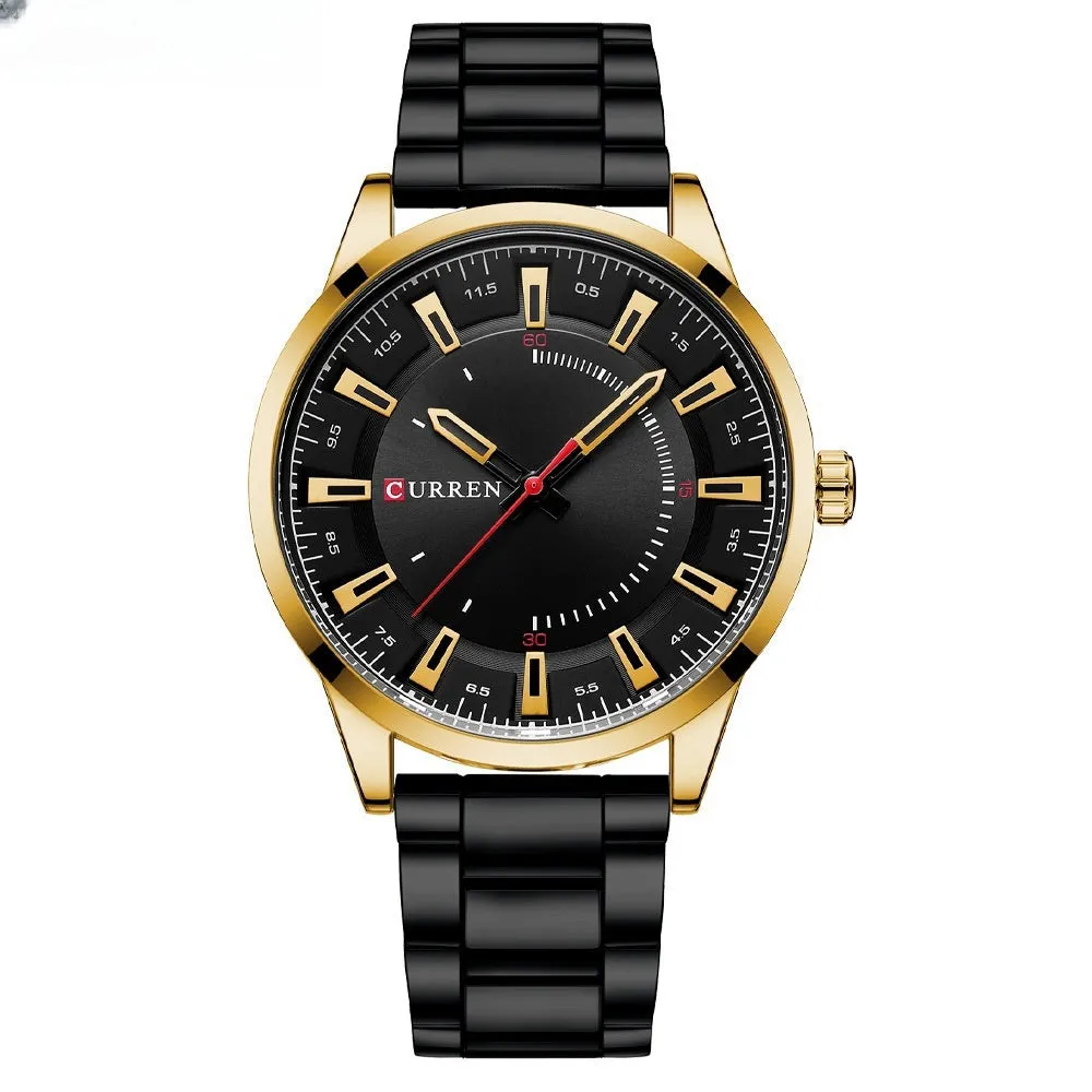 Men's silver business quartz watch with stainless steel strap and white dial with blue hour markers on a light background