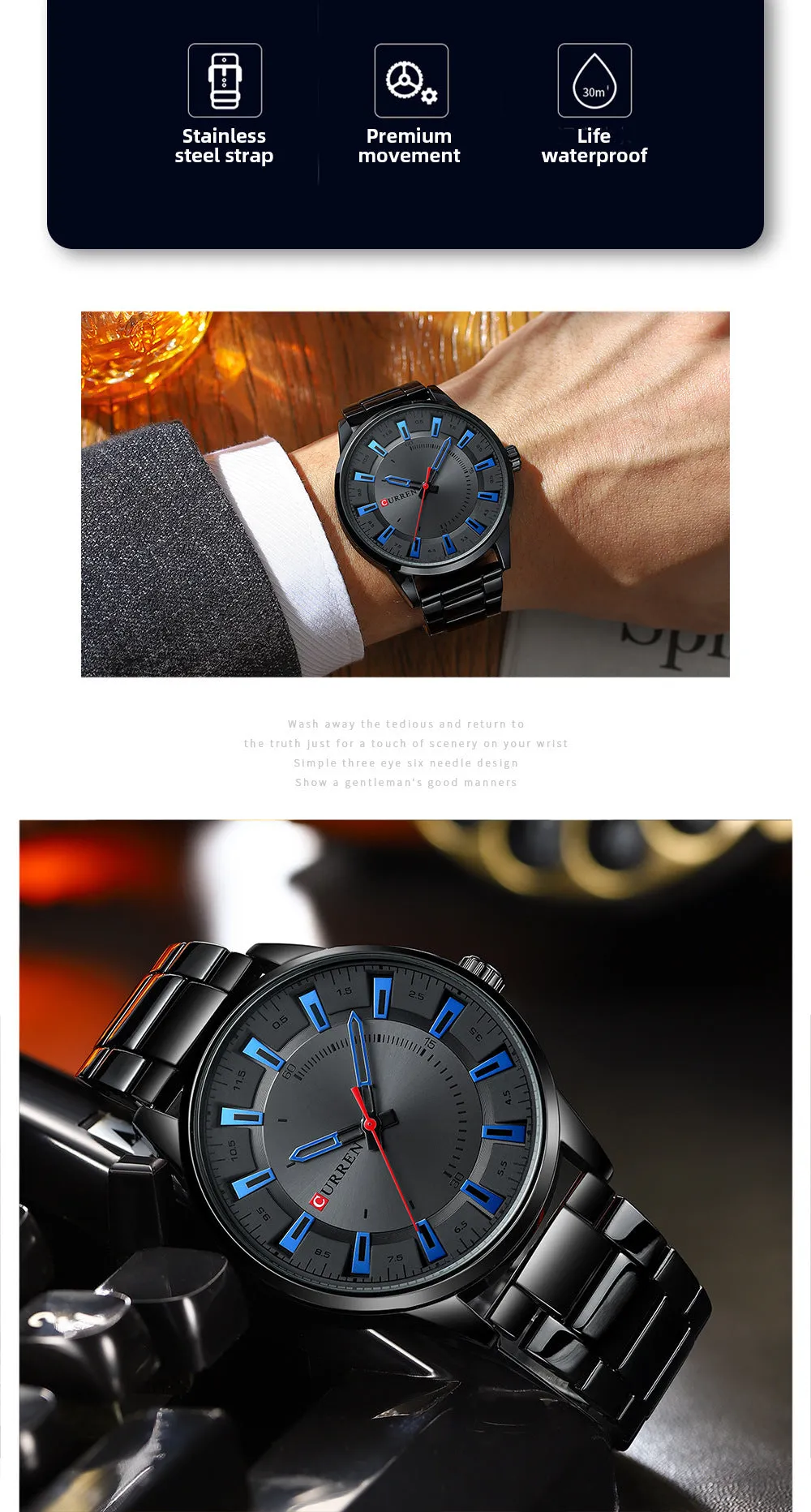 Men's silver business quartz watch with stainless steel strap and white dial with blue hour markers on a light background