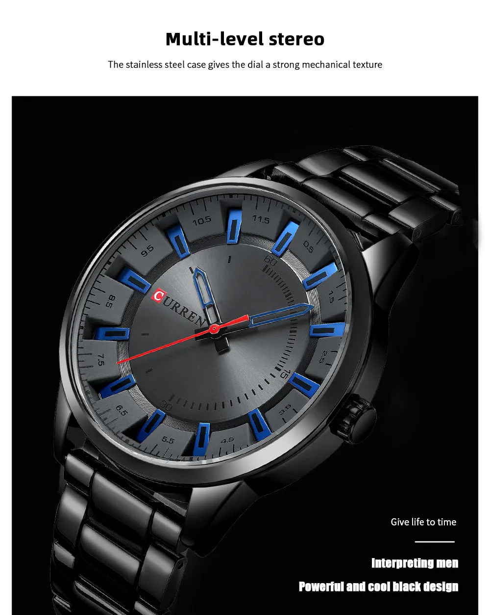 Men's silver business quartz watch with stainless steel strap and white dial with blue hour markers on a light background