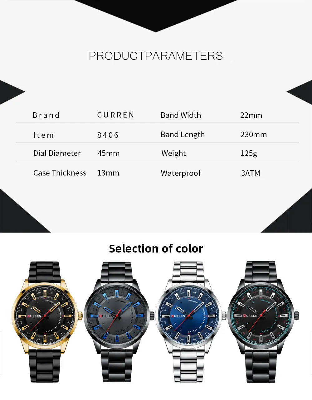 Men's silver business quartz watch with stainless steel strap and white dial with blue hour markers on a light background