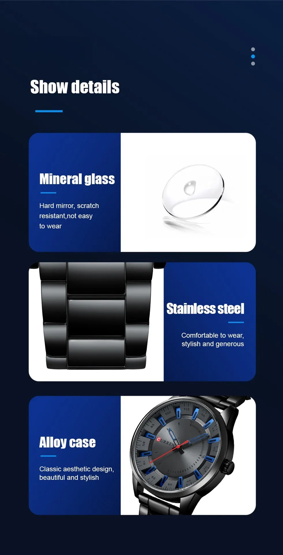 Men's silver business quartz watch with stainless steel strap and white dial with blue hour markers on a light background
