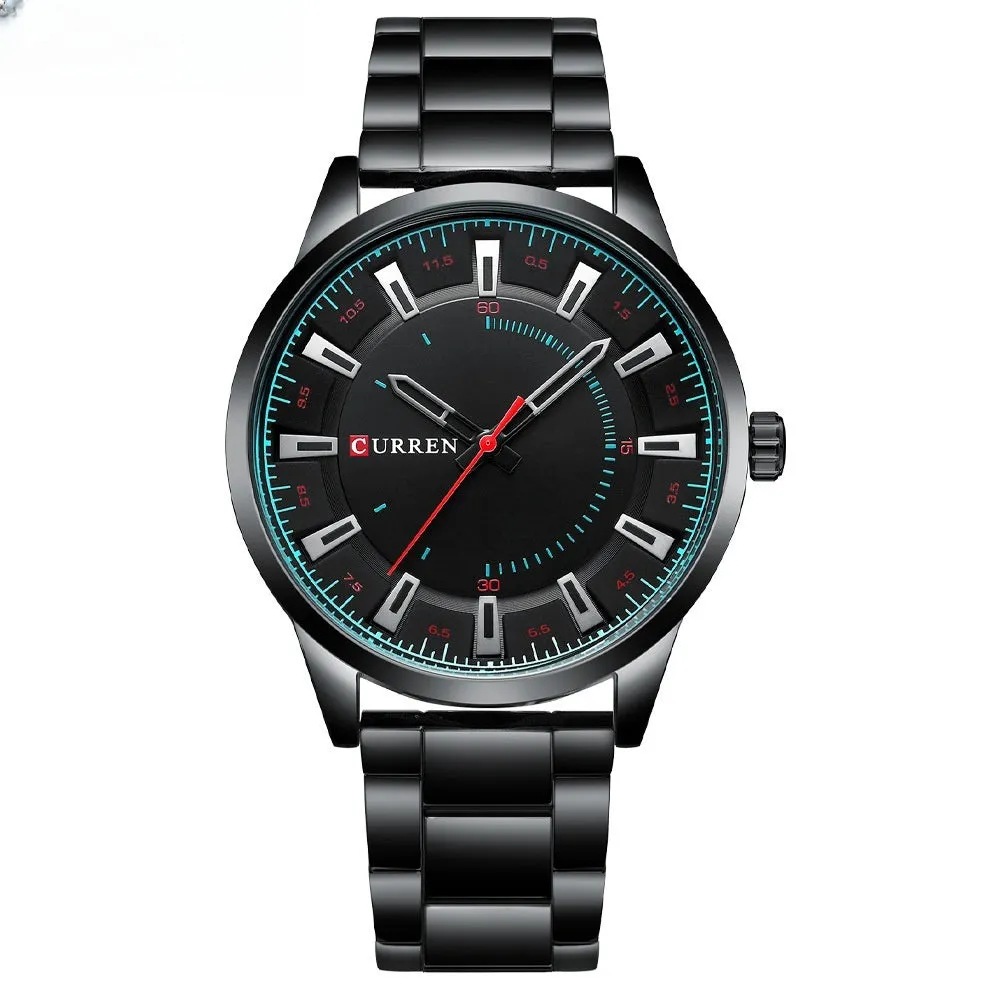 Men's silver business quartz watch with stainless steel strap and white dial with blue hour markers on a light background