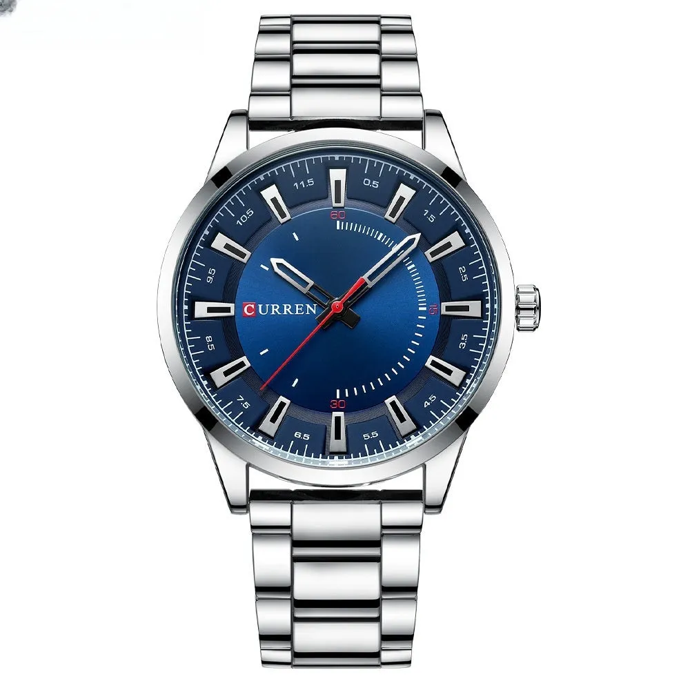 Men's silver business quartz watch with stainless steel strap and white dial with blue hour markers on a light background